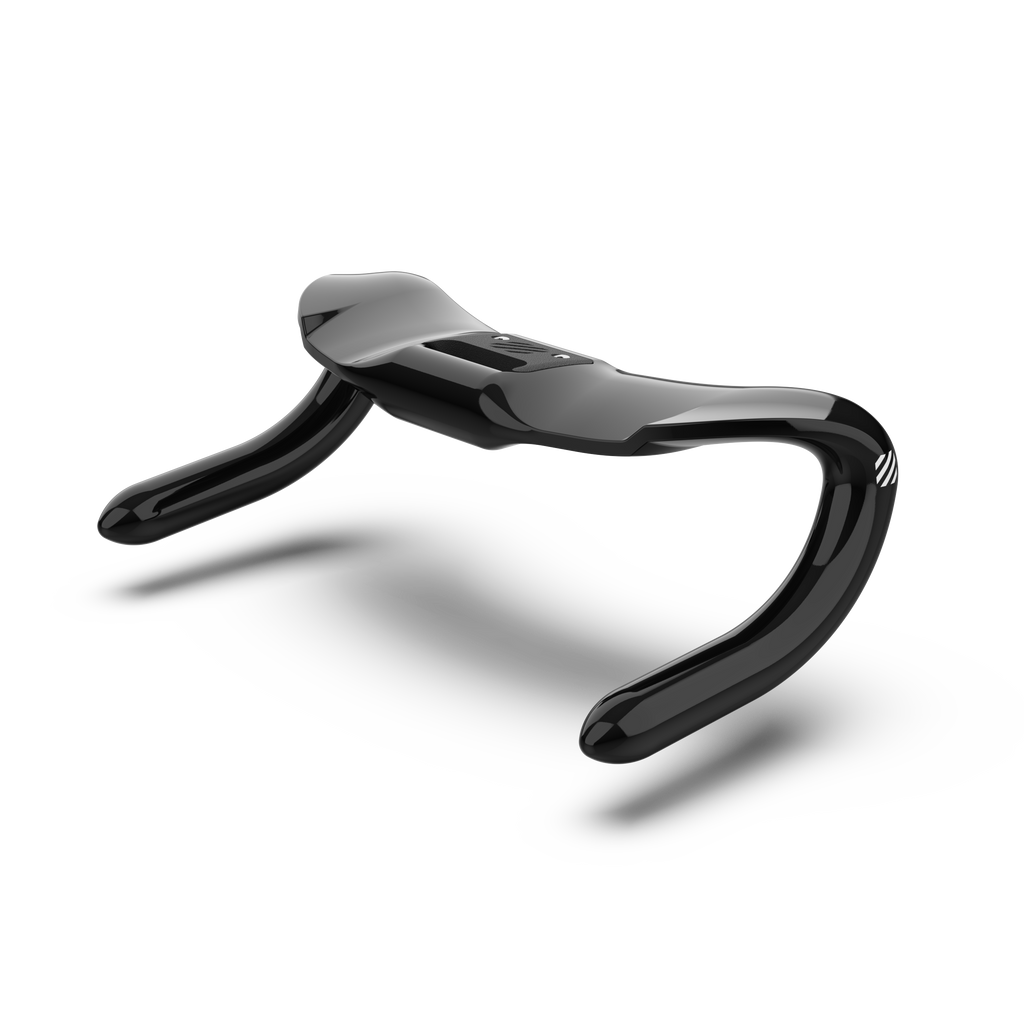 A glossy black track sprinting bicycle drop handlebar floating against a clean white background with a soft shadow underneath.