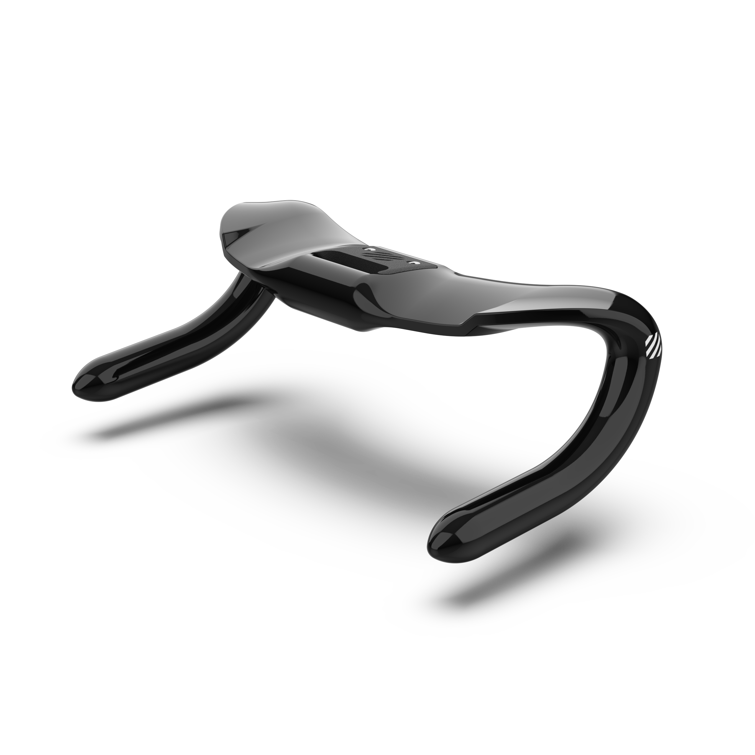 A glossy black track sprinting bicycle drop handlebar floating against a clean white background with a soft shadow underneath.