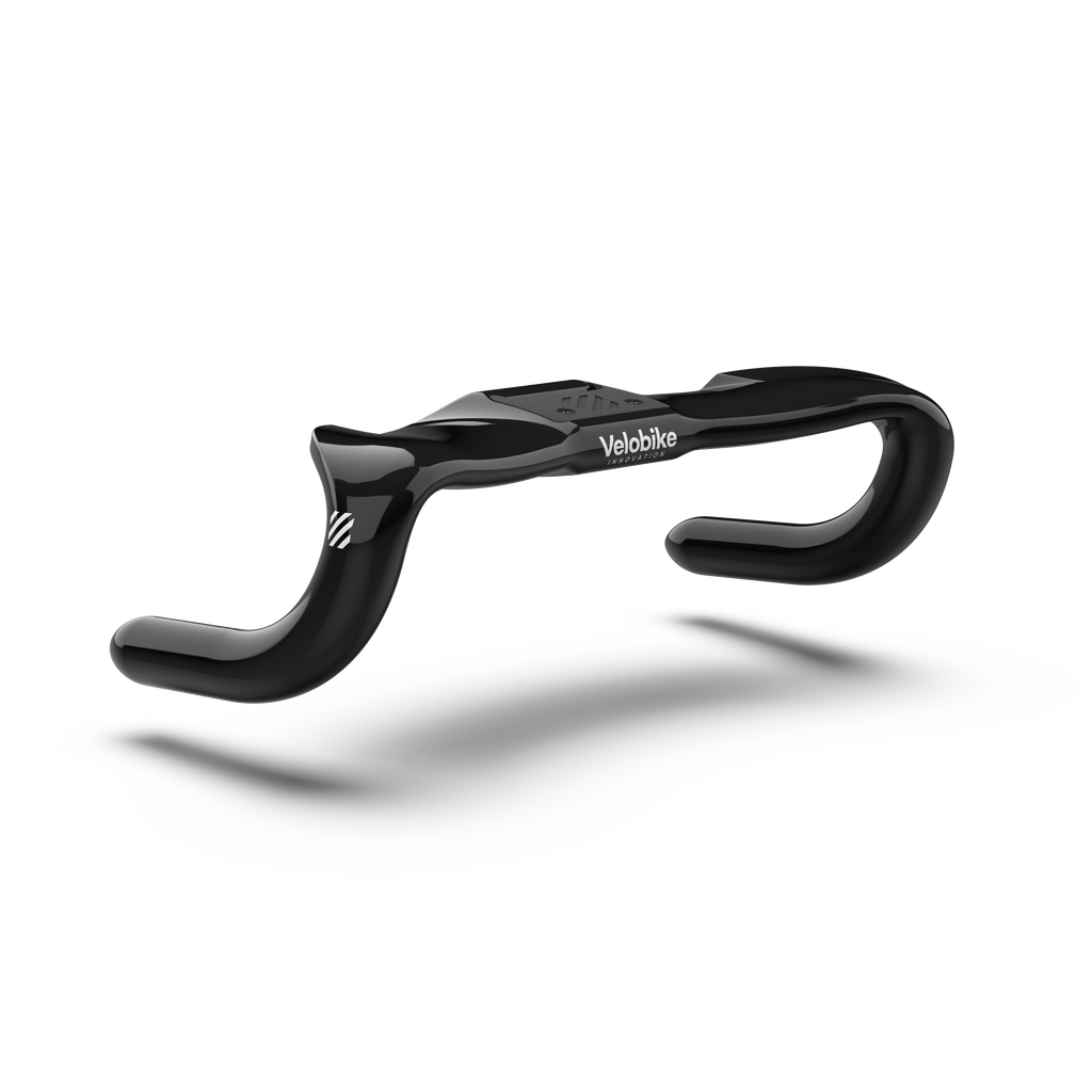 A glossy black drop track sprint handlebar with the brand name 'Velobike' printed in white on the center section, shown against a clean white background with a soft shadow underneath.
