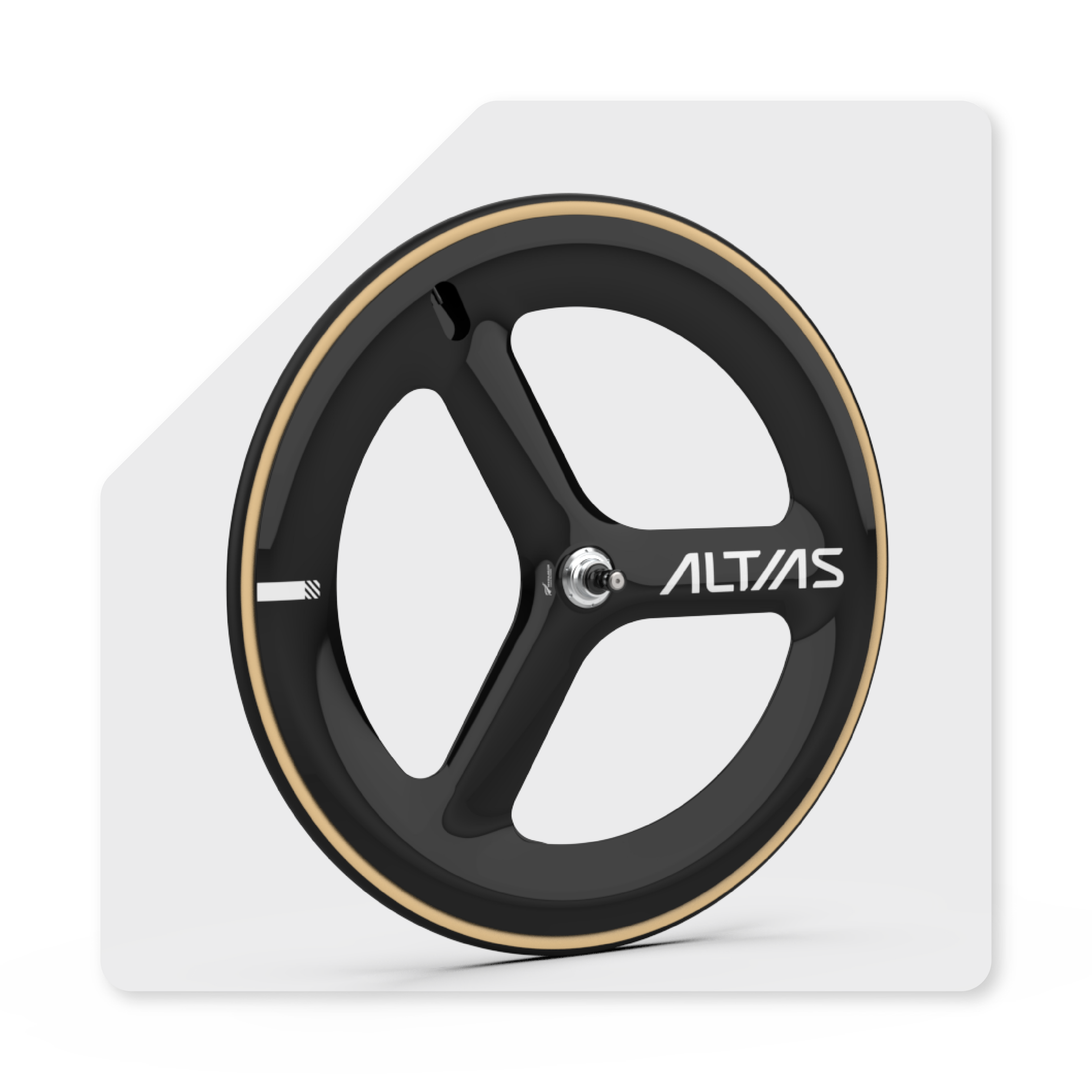 A single 3 spoke bicycle wheel shown on a clean white background with a subtle shadow. The wheel is predominantly black with a thin tan/beige tyre stripe and the brand name 'ALTIAS' printed in white on the center hub.