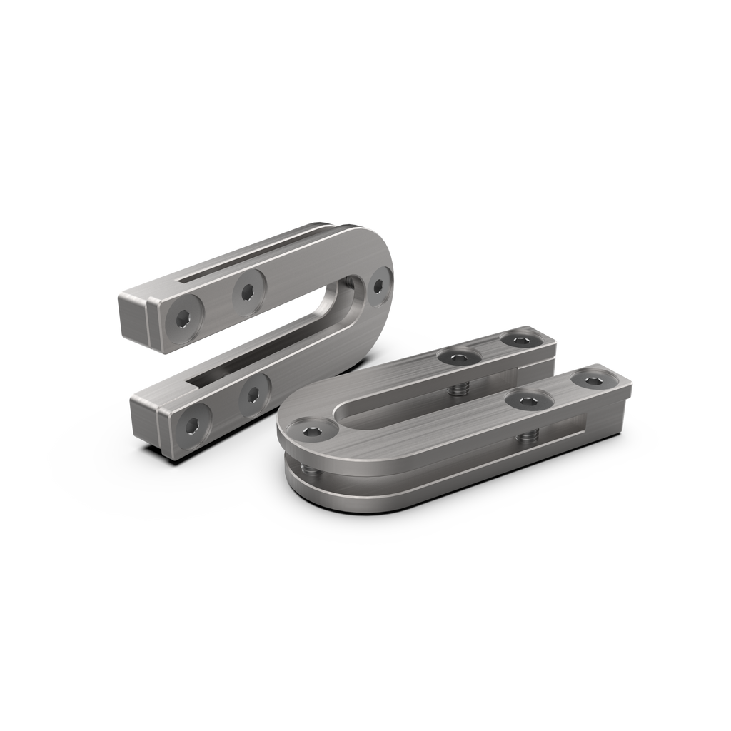 Argon18 rear dropouts. Two metallic gray U-shaped bracket components with pre-drilled screw holes, shown on a clean white background.