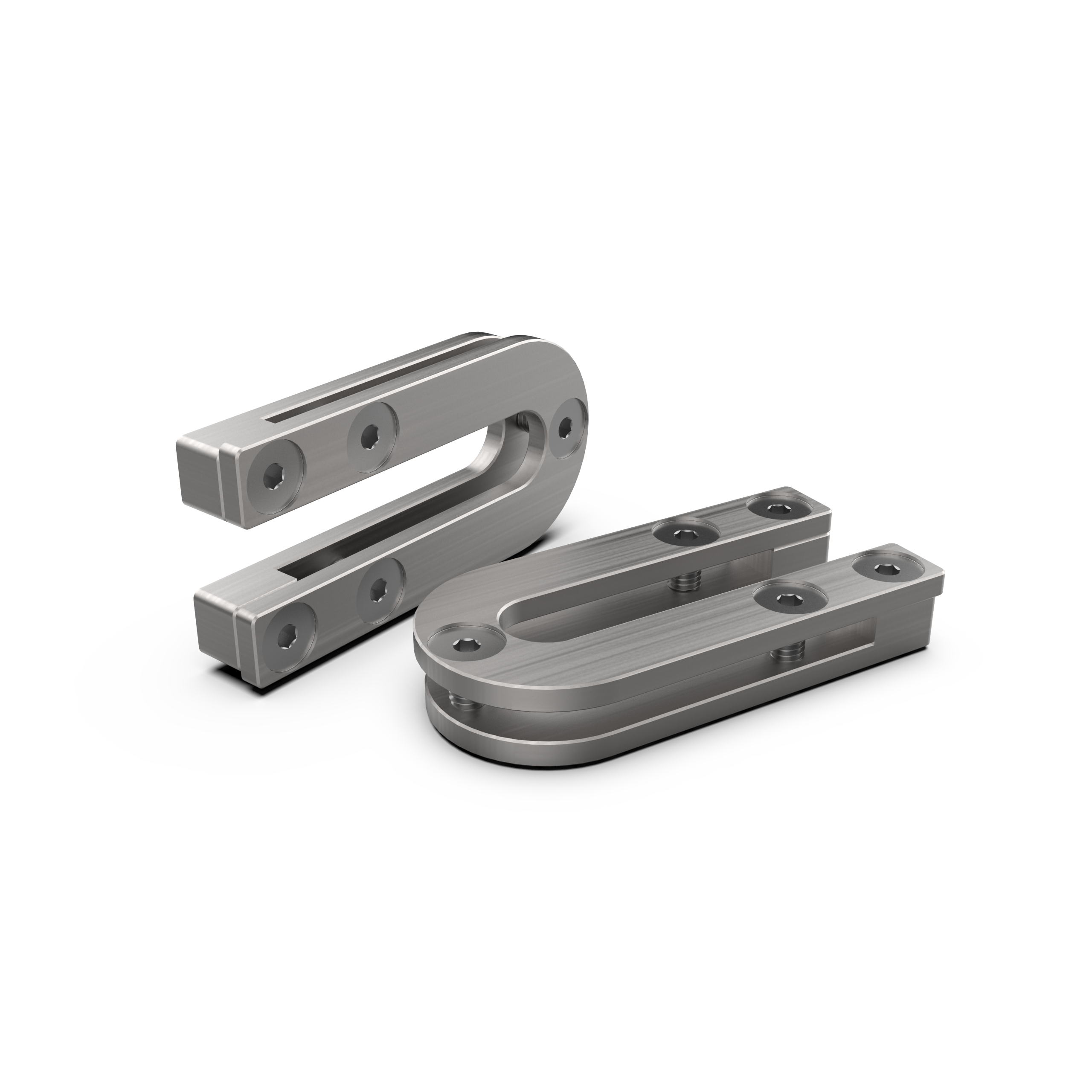 Argon18 rear dropouts. Two metallic gray U-shaped bracket components with pre-drilled screw holes, shown on a clean white background.