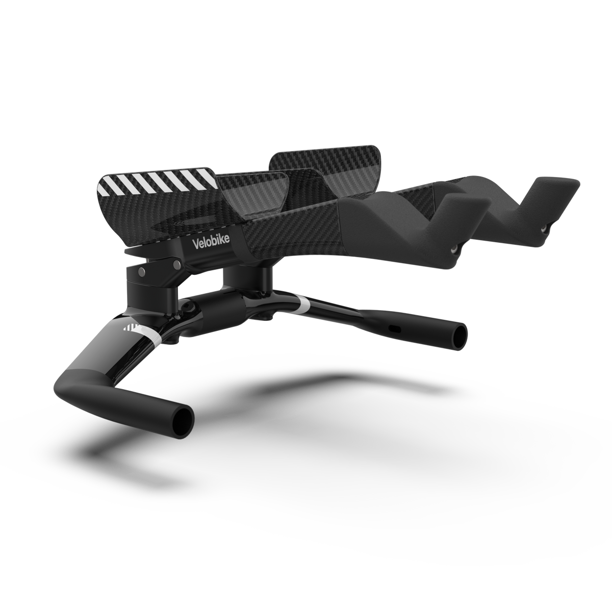 A black carbon fiber basebar and time trial extensions. shown on a clean white background with a soft shadow.