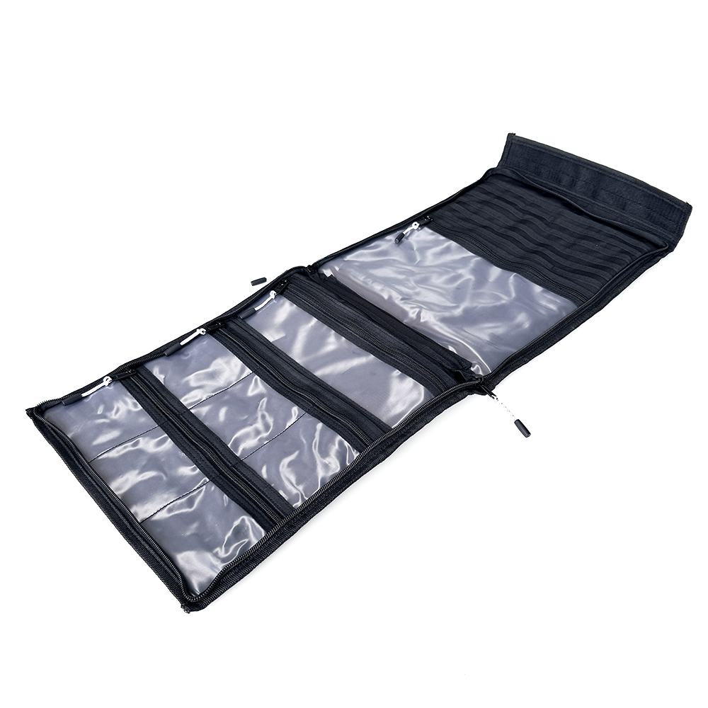 A black gear bag for storing track cycling gears, tools and accessories. Multiple clear plastic zippered compartments, shown open on a white background.