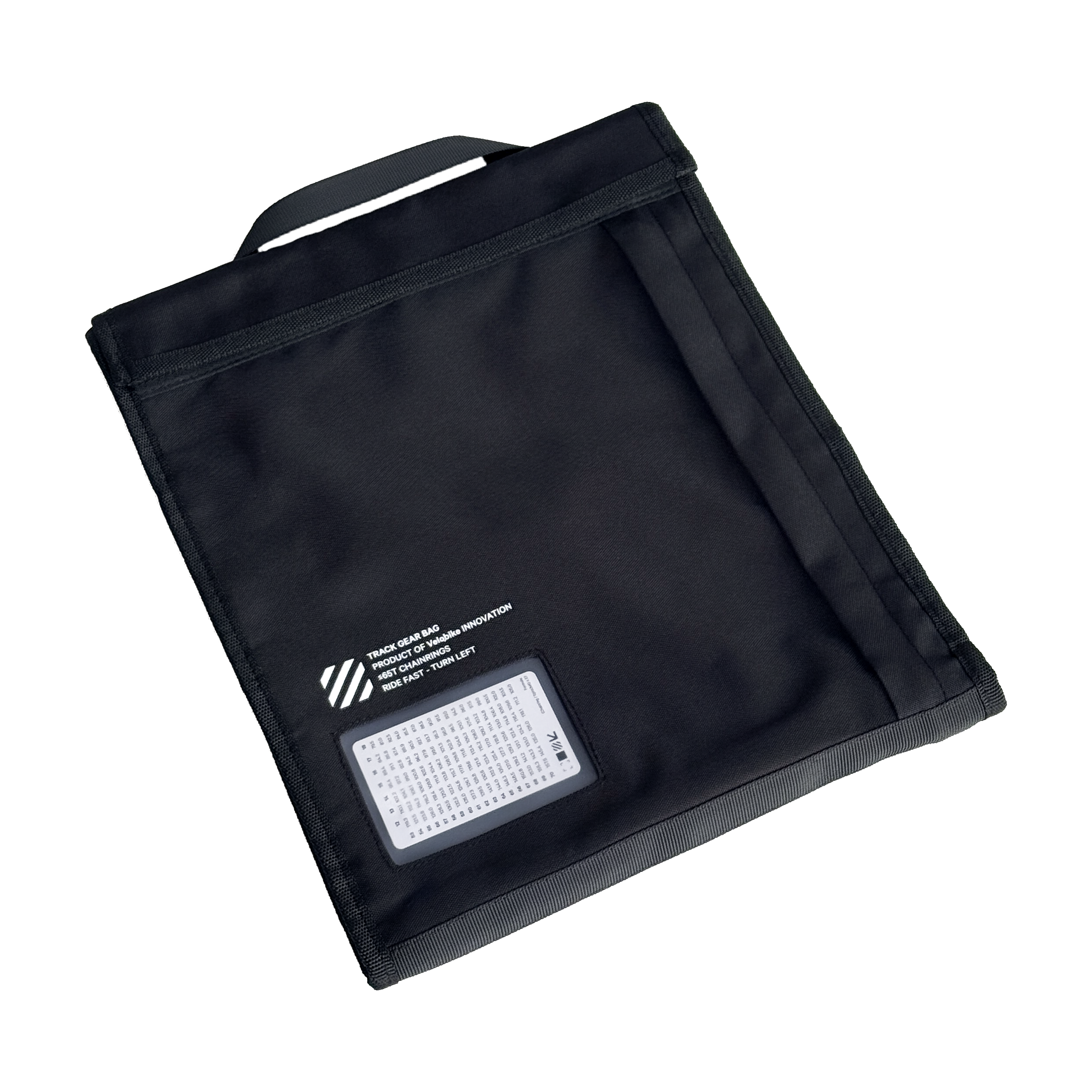 A black fabric chainring bag with a top handle, featuring a clear plastic window on the lower left containing a white gear chart card, set against a plain white background.