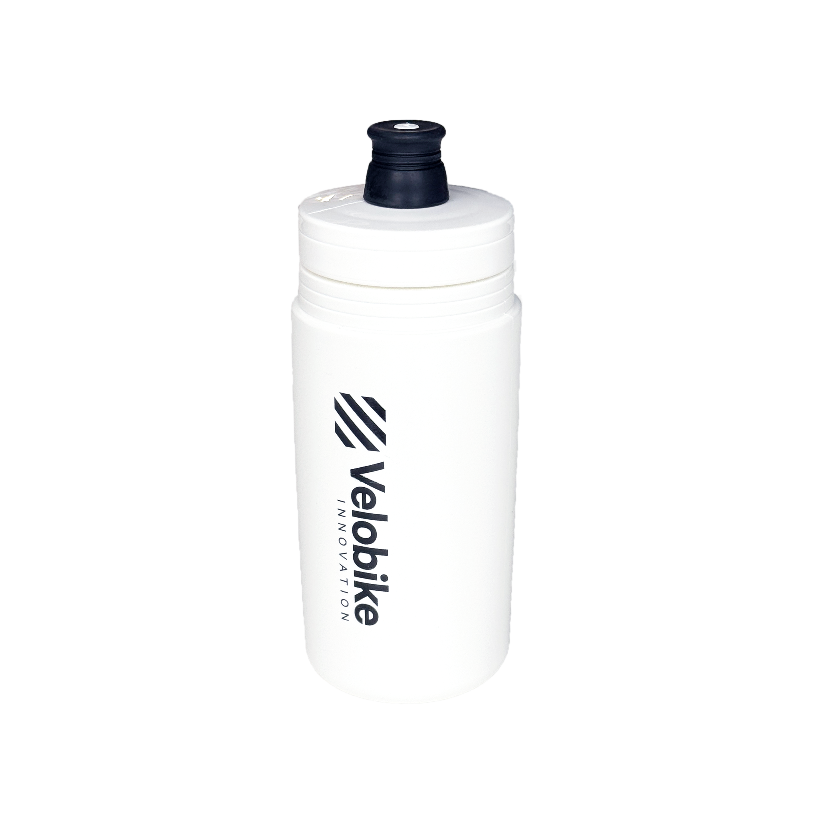 A white plastic water bottle with a black top cap and a black Velobike Innovation logo printed vertically on the front, set against a plain white background.