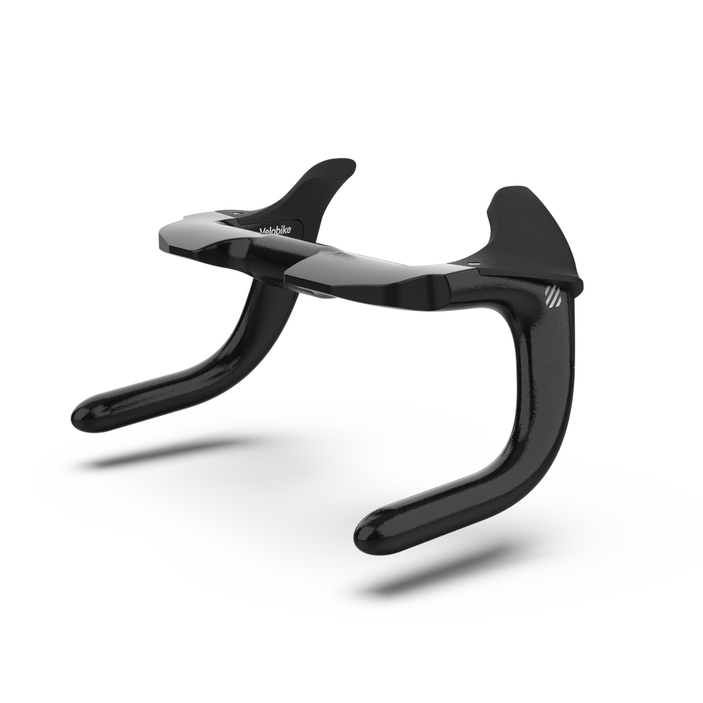 A glossy black track endurance bicycle drop handlebar, shown floating against a clean white background with a soft shadow underneath.