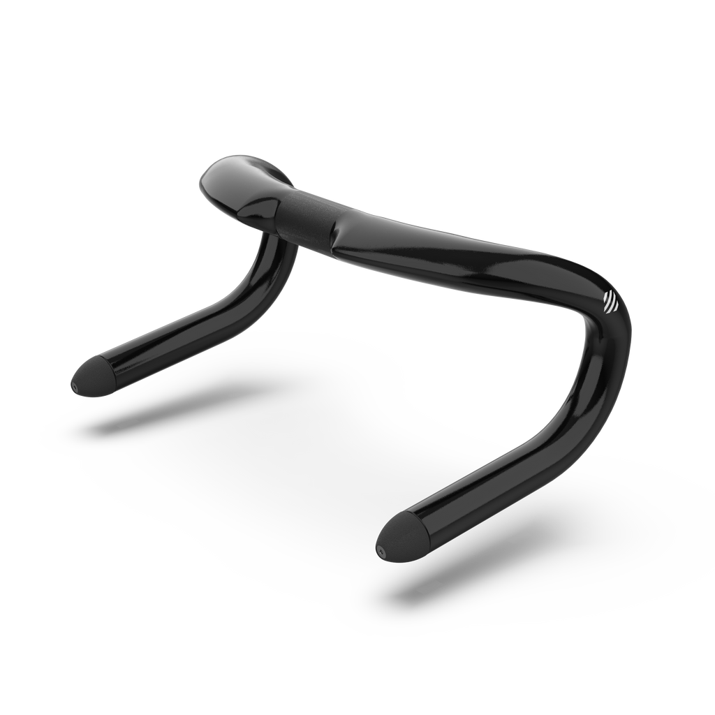 A pair of glossy black track sprint drop handlebars, shown floating against a clean white background with a soft shadow underneath.