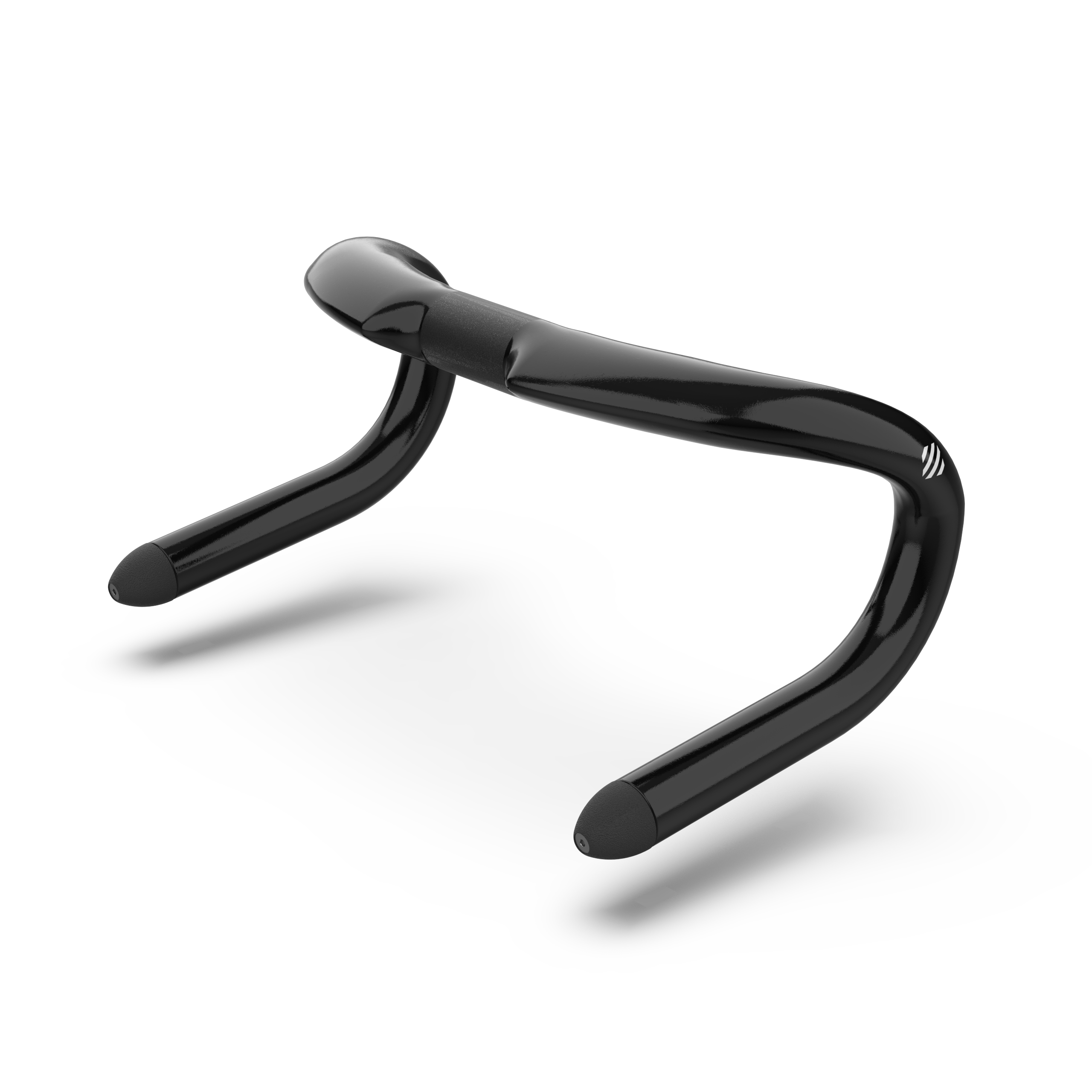 A pair of glossy black track sprint drop handlebars, shown floating against a clean white background with a soft shadow underneath.