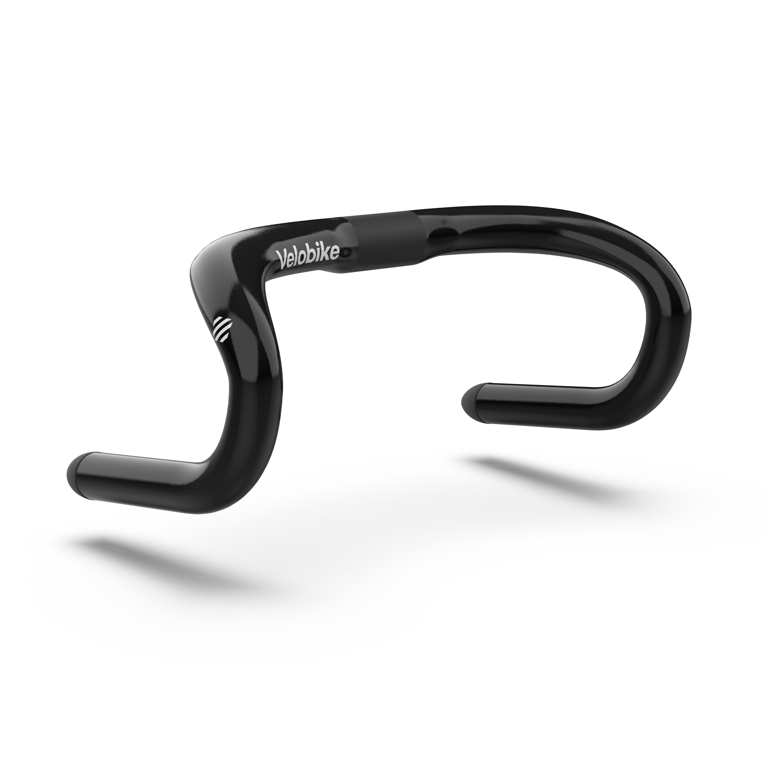 A glossy black drop track sprinting handlebar with the 'Velobike' brand name printed in white on the upper left section, shown against a clean white background with a soft shadow underneath.