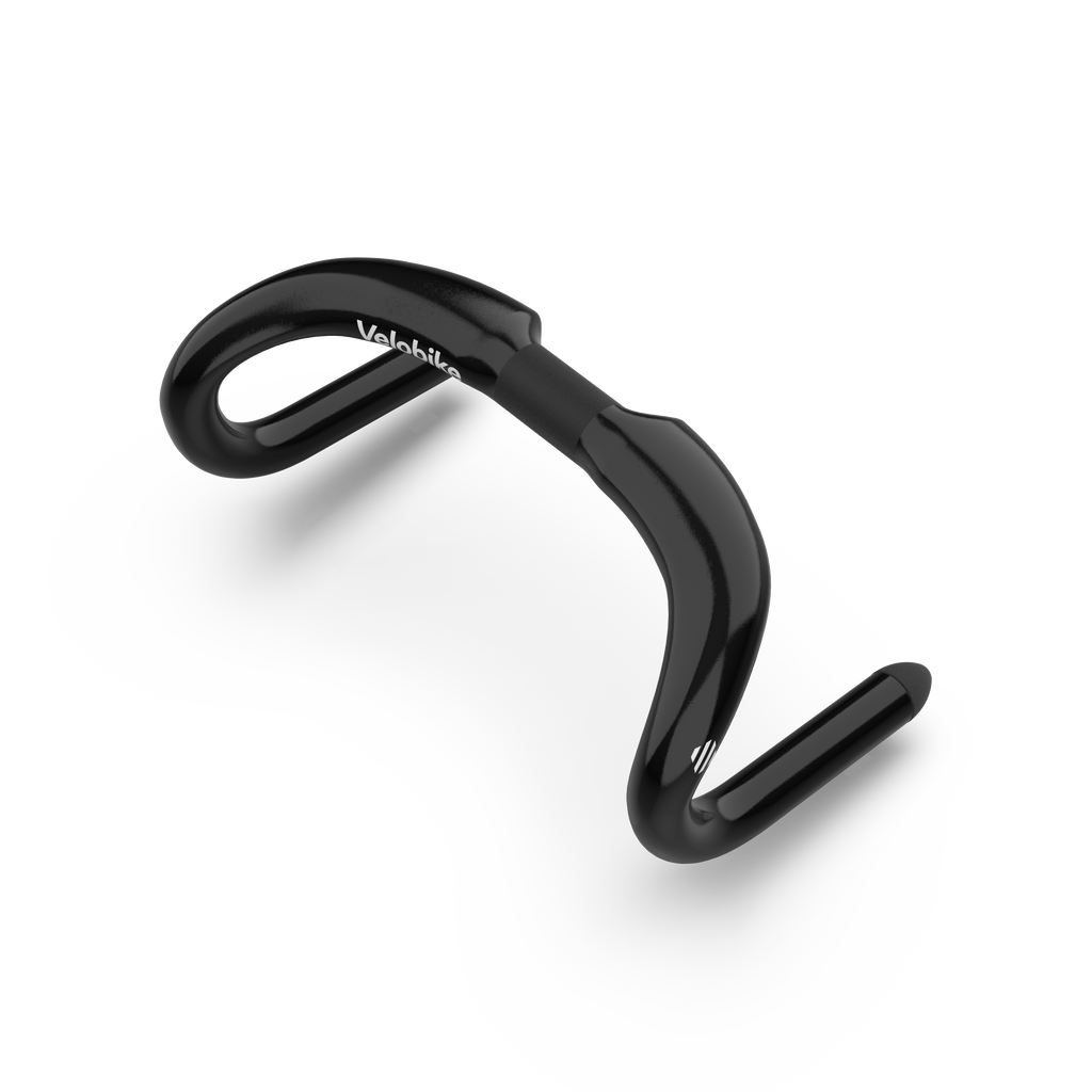 A glossy black curved track cycling bicycle handlebar with the brand name 'Velobike' printed in white on the left side, shown on a clean white background.